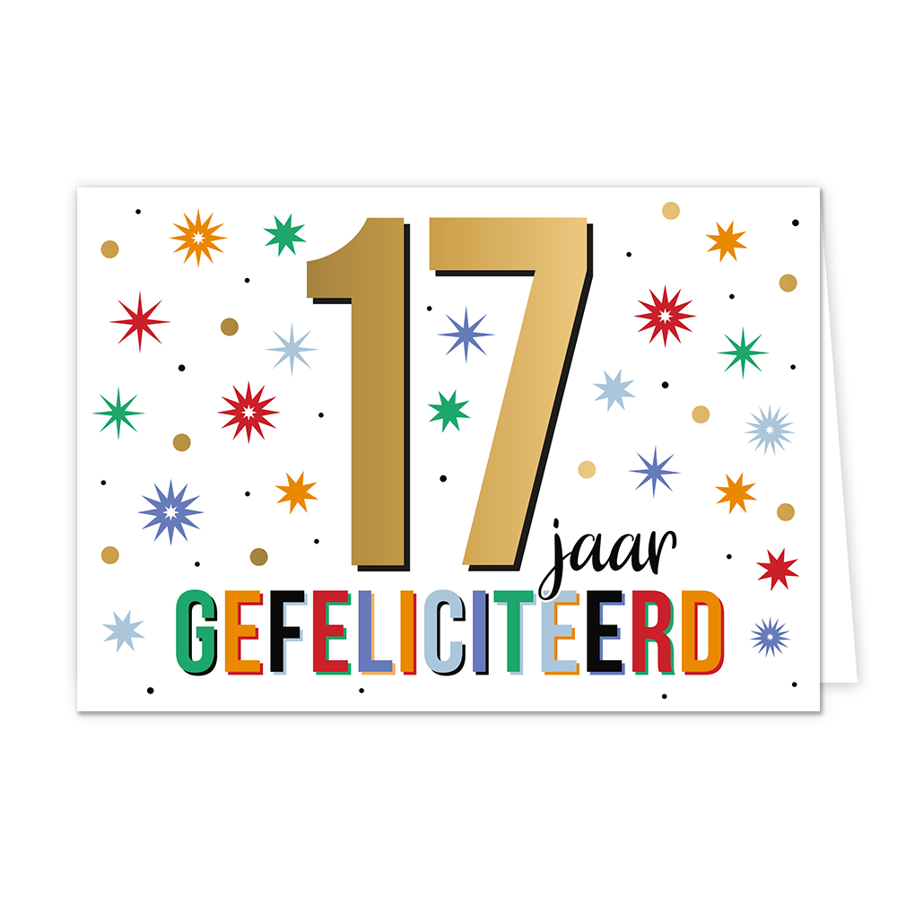 17 jaar gefeliciteerd - Formaat: Standaard - Vorm: Liggend - Felicitatiekaart - Op deze wenskaart staat de tekst: "17 jaar gefeliciteerd". - Snelwenskaart