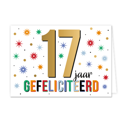 17 jaar gefeliciteerd - Formaat: Standaard - Vorm: Liggend - Felicitatiekaart - Op deze wenskaart staat de tekst: "17 jaar gefeliciteerd". - Snelwenskaart