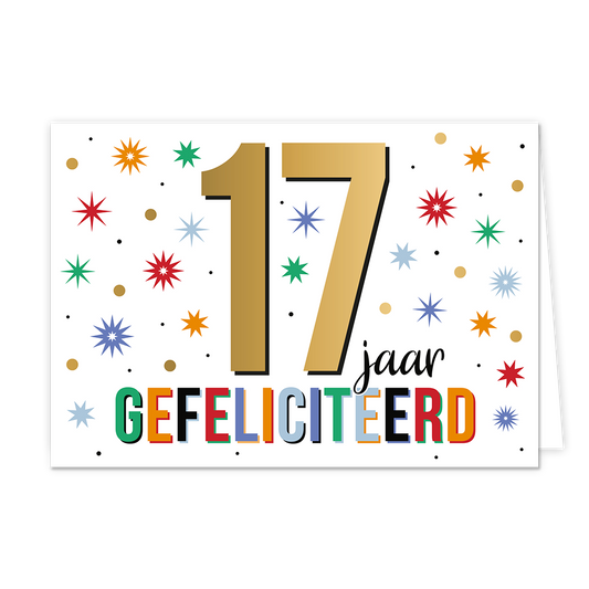 17 jaar gefeliciteerd - Formaat: Normaal - Vorm: Liggend - Felicitatiekaart - Op deze wenskaart staat de tekst: "17 jaar gefeliciteerd". - Snelwenskaart