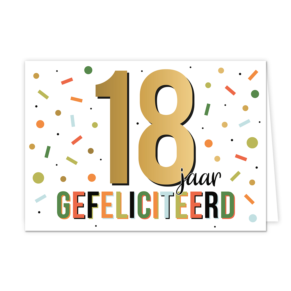 18 jaar gefeliciteerd - Formaat: Normaal - Vorm: Liggend - Felicitatiekaart - Op deze wenskaart staat de tekst: "18 jaar gefeliciteerd". - Snelwenskaart
