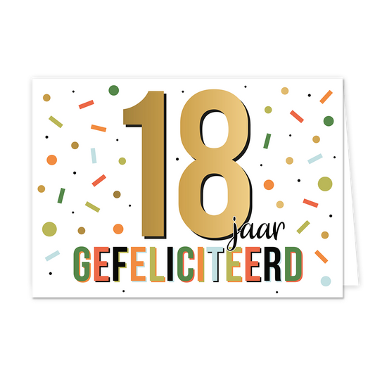 18 jaar gefeliciteerd - Formaat: Normaal - Vorm: Liggend - Felicitatiekaart - Op deze wenskaart staat de tekst: "18 jaar gefeliciteerd". - Snelwenskaart