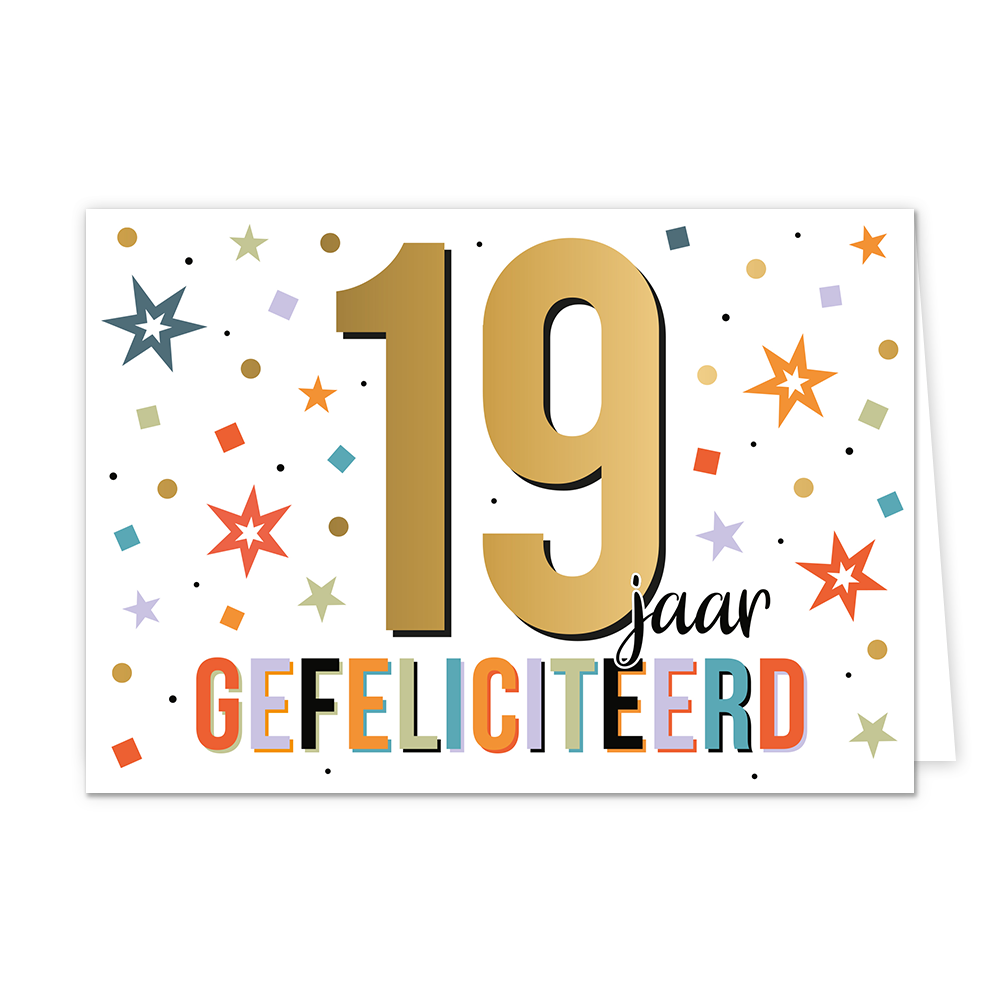 19 jaar gefeliciteerd - Formaat: Normaal - Vorm: Liggend - Felicitatiekaart - Op deze wenskaart staat de tekst: "19 jaar gefeliciteerd". - Snelwenskaart