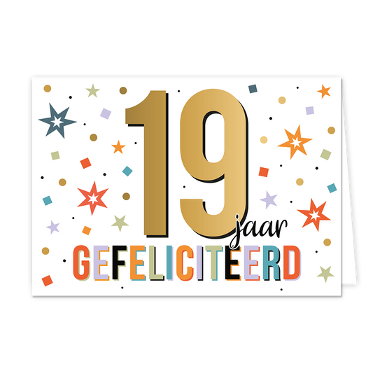 19 jaar gefeliciteerd - Formaat: Normaal - Vorm: Liggend - Felicitatiekaart - Op deze wenskaart staat de tekst: "19 jaar gefeliciteerd". - Snelwenskaart