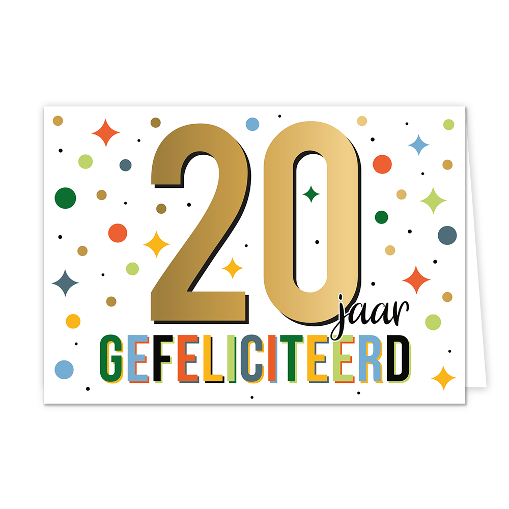 20 jaar gefeliciteerd - Formaat: Standaard - Vorm: Liggend - Felicitatiekaart - Op deze wenskaart staat de tekst: "20 jaar gefeliciteerd". - Snelwenskaart