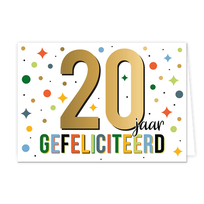 20 jaar gefeliciteerd - Formaat: Standaard - Vorm: Liggend - Felicitatiekaart - Op deze wenskaart staat de tekst: "20 jaar gefeliciteerd". - Snelwenskaart
