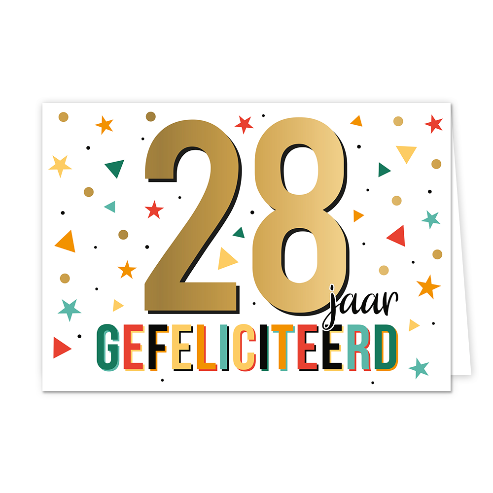 28 jaar gefeliciteerd - Formaat: Standaard - Vorm: Liggend - Felicitatiekaart - Op deze wenskaart staat de tekst: "28 jaar gefeliciteerd". - Snelwenskaart