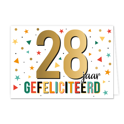 28 jaar gefeliciteerd - Formaat: Standaard - Vorm: Liggend - Felicitatiekaart - Op deze wenskaart staat de tekst: "28 jaar gefeliciteerd". - Snelwenskaart