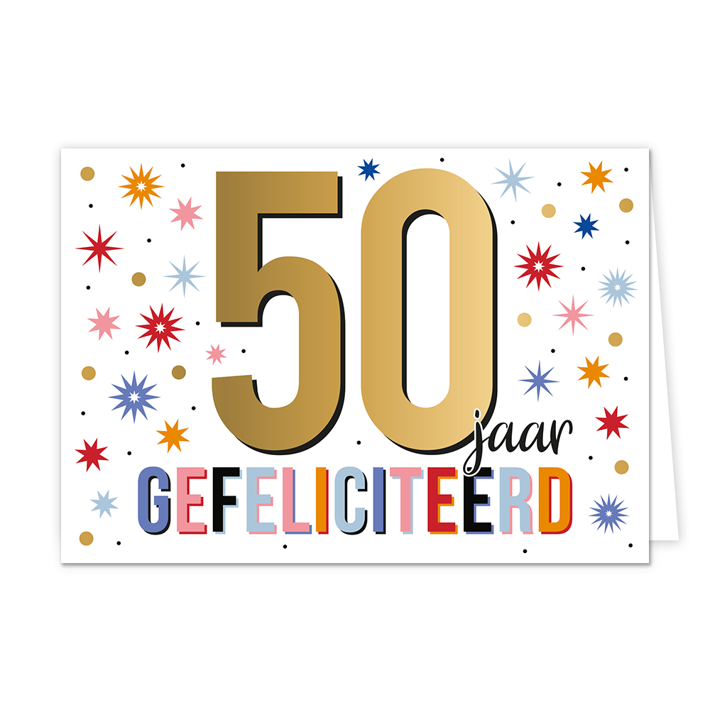 50 jaar gefeliciteerd - Formaat: Standaard - Vorm: Liggend - Felicitatiekaart - Op deze wenskaart staat de tekst: "50 jaar gefeliciteerd". - Snelwenskaart