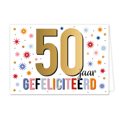 50 jaar gefeliciteerd - Formaat: Standaard - Vorm: Liggend - Felicitatiekaart - Op deze wenskaart staat de tekst: "50 jaar gefeliciteerd". - Snelwenskaart
