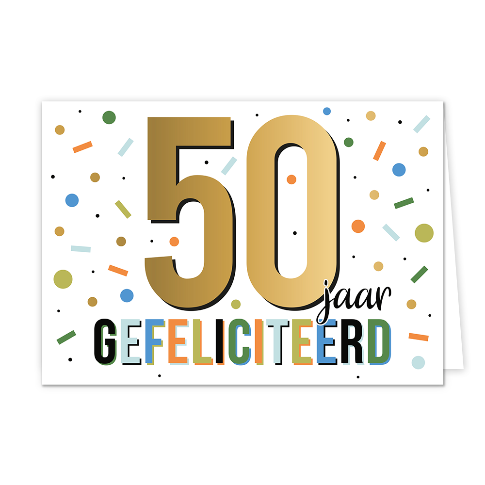 50 jaar gefeliciteerd - Formaat: Standaard - Vorm: Liggend - Felicitatiekaart - Op deze wenskaart staat de tekst: "50 jaar gefeliciteerd". - Snelwenskaart
