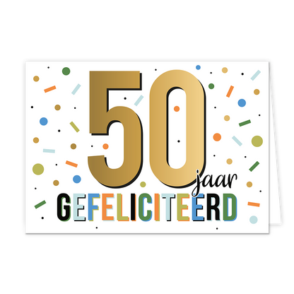 50 jaar gefeliciteerd - Formaat: Standaard - Vorm: Liggend - Felicitatiekaart - Op deze wenskaart staat de tekst: "50 jaar gefeliciteerd". - Snelwenskaart