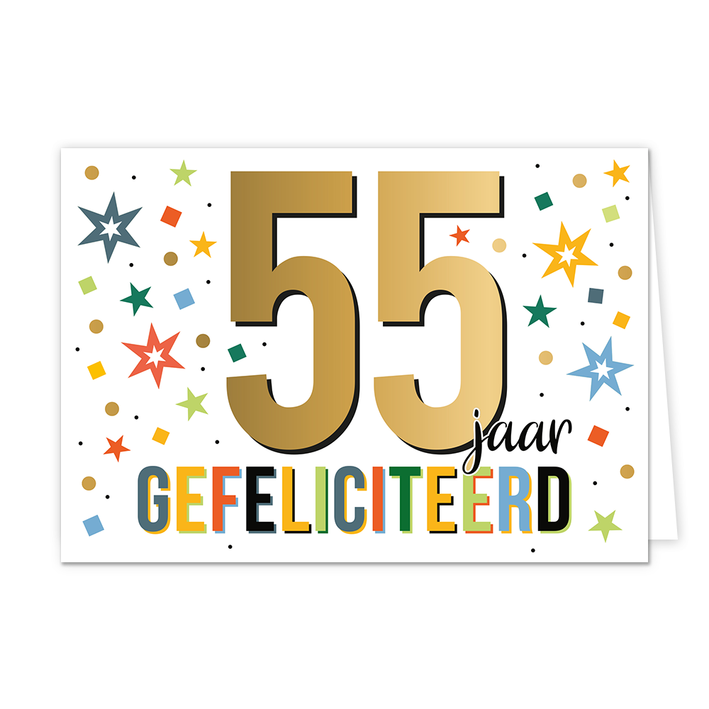 55 jaar gefeliciteerd - Formaat: Normaal - Vorm: Liggend - Felicitatiekaart - Op deze wenskaart staat de tekst: "55 jaar gefeliciteerd". - Snelwenskaart