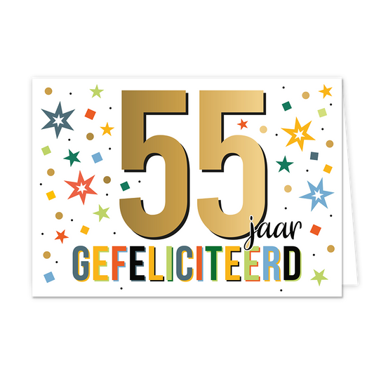 55 jaar gefeliciteerd - Formaat: Normaal - Vorm: Liggend - Felicitatiekaart - Op deze wenskaart staat de tekst: "55 jaar gefeliciteerd". - Snelwenskaart