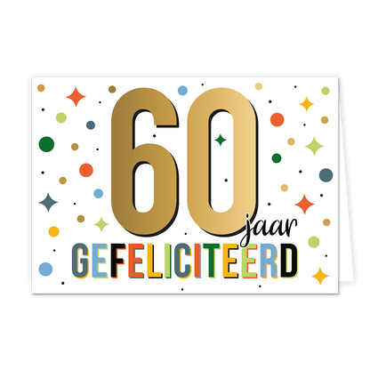 60 jaar gefeliciteerd - Formaat: Standaard - Vorm: Liggend - Felicitatiekaart - Op deze wenskaart staat de tekst: "60 jaar gefeliciteerd". - Snelwenskaart
