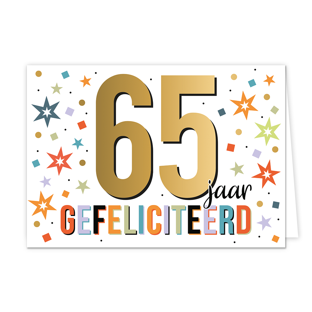 65 jaar gefeliciteerd - Formaat: Standaard - Vorm: Liggend - Felicitatiekaart - Op deze wenskaart staat de tekst: "65 jaar gefeliciteerd". - Snelwenskaart