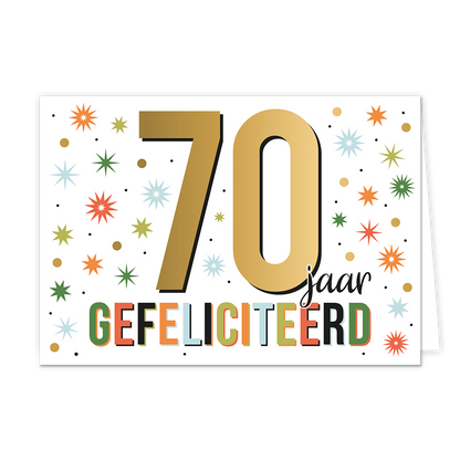 70 jaar gefeliciteerd - Formaat: Standaard - Vorm: Liggend - Felicitatiekaart - Op deze wenskaart staat de tekst: "70 jaar gefeliciteerd". - Snelwenskaart