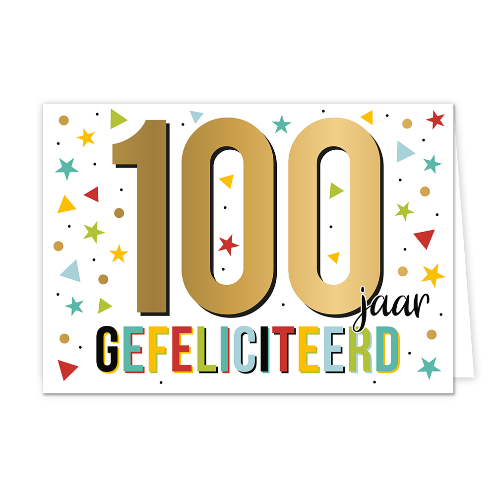100 jaar gefeliciteerd - Formaat: Standaard - Vorm: Liggend - Felicitatiekaart - Op deze wenskaart staat de tekst: "100 jaar gefeliciteerd". - Snelwenskaart