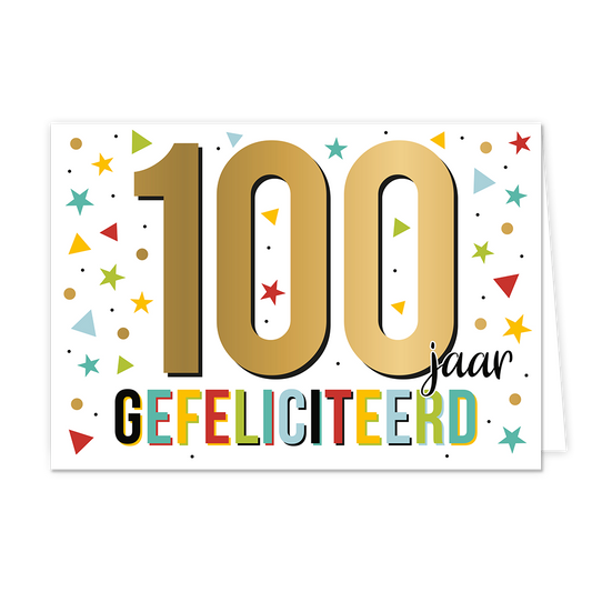 100 jaar gefeliciteerd - Formaat: Normaal - Vorm: Liggend - Felicitatiekaart - Op deze wenskaart staat de tekst: "100 jaar gefeliciteerd". - Snelwenskaart