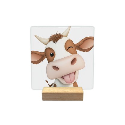 Gekke koe - Decoratie tegel - Formaat: - Op deze decoratie tegel staat het portret van een bruin-witte koe die speels uit zijn oog knipoogt en zijn tong uitsteekt. Het dier heeft bruine vlekken, twee hoorns en een lichte vacht. De achtergrond van de afbeelding is volledig wit. - Snelwenskaart