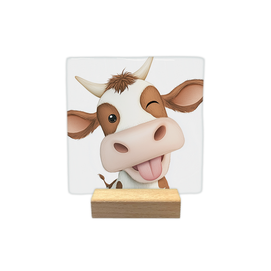 Gekke koe - Decoratie tegel - Formaat: - Op deze decoratie tegel staat het portret van een bruin-witte koe die speels uit zijn oog knipoogt en zijn tong uitsteekt. Het dier heeft bruine vlekken, twee hoorns en een lichte vacht. De achtergrond van de afbeelding is volledig wit. - Snelwenskaart