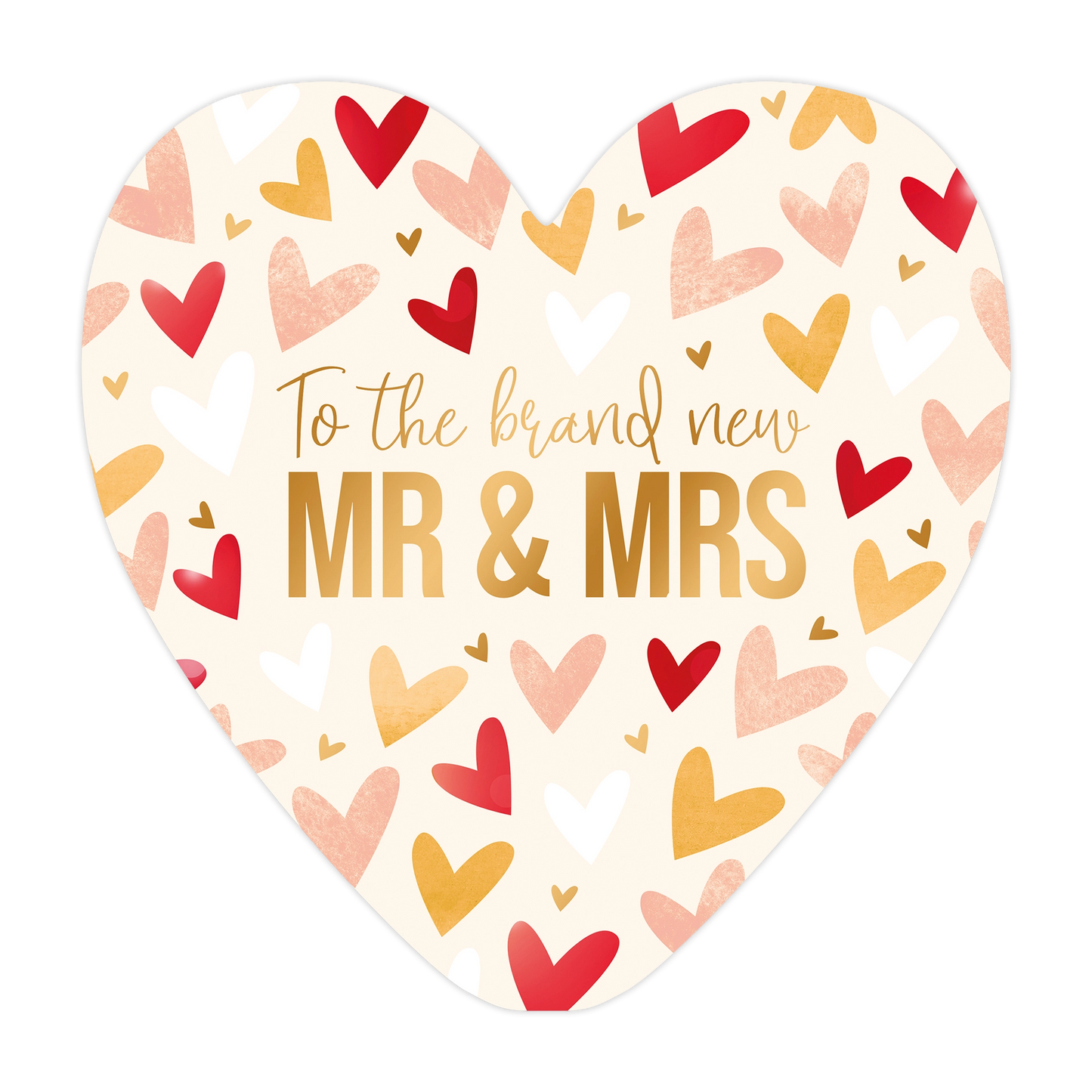 To the brand new MR & MRS - Formaat: Groot - Vorm: Hart - Huwelijkskaart - Op deze harten wenskaart staat een patroon van kleine, geschilderde elementen in rood, roze, oranje en wit op een crèmekleurige achtergrond. Centraal op de kaart staat in goudkleurige letters de tekst "To the brand new MR & MRS". Het ontwerp oogt feestelijk en is specifiek bedoeld voor een huwelijksgelegenheid. De gebruikte kleuren en de goudkleurige belettering geven het geheel een warme en stijlvolle uitstraling. - Snelwenskaart