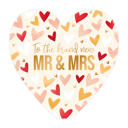 To the brand new MR & MRS - Formaat: Groot - Vorm: Hart - Huwelijkskaart - Op deze harten wenskaart staat een patroon van kleine, geschilderde elementen in rood, roze, oranje en wit op een crèmekleurige achtergrond. Centraal op de kaart staat in goudkleurige letters de tekst "To the brand new MR & MRS". Het ontwerp oogt feestelijk en is specifiek bedoeld voor een huwelijksgelegenheid. De gebruikte kleuren en de goudkleurige belettering geven het geheel een warme en stijlvolle uitstraling. - Snelwenskaart