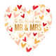 To the brand new MR & MRS - Formaat: Groot - Vorm: Hart - Huwelijkskaart - Op deze harten wenskaart staat een patroon van kleine, geschilderde elementen in rood, roze, oranje en wit op een crèmekleurige achtergrond. Centraal op de kaart staat in goudkleurige letters de tekst "To the brand new MR & MRS". Het ontwerp oogt feestelijk en is specifiek bedoeld voor een huwelijksgelegenheid. De gebruikte kleuren en de goudkleurige belettering geven het geheel een warme en stijlvolle uitstraling. - Snelwenskaart