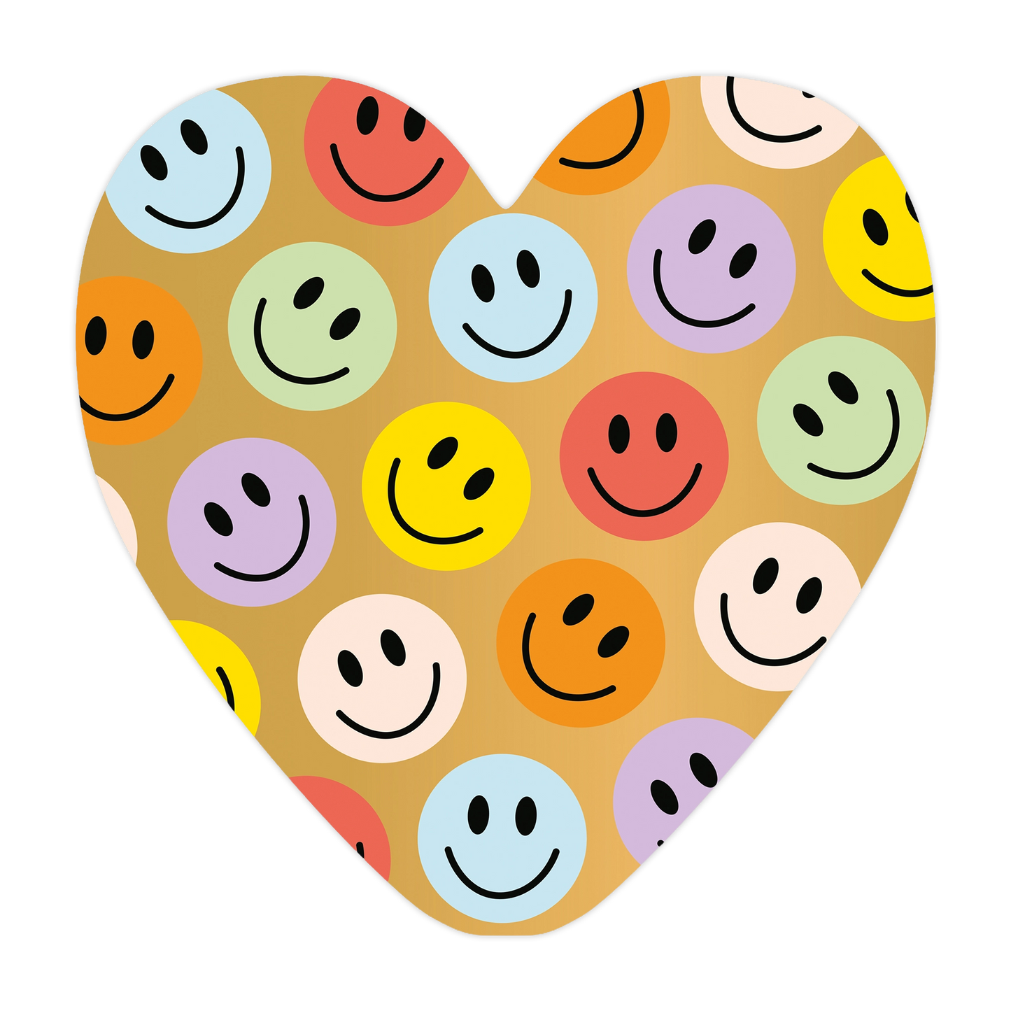 Smileys - Formaat: Groot - Vorm: Hart - Blanco kaart - Op deze harten wenskaart is een beige achtergrond te zien met een herhalend patroon van gekleurde smileygezichten. De smileys zijn uitgevoerd in diverse pastelkleuren, waaronder roze, blauw, oranje, geel, groen en paars. Het ontwerp straalt een vrolijke en speelse sfeer uit door de gelijkmatige verdeling van de lachende gezichtjes over het gehele oppervlak. - Snelwenskaart