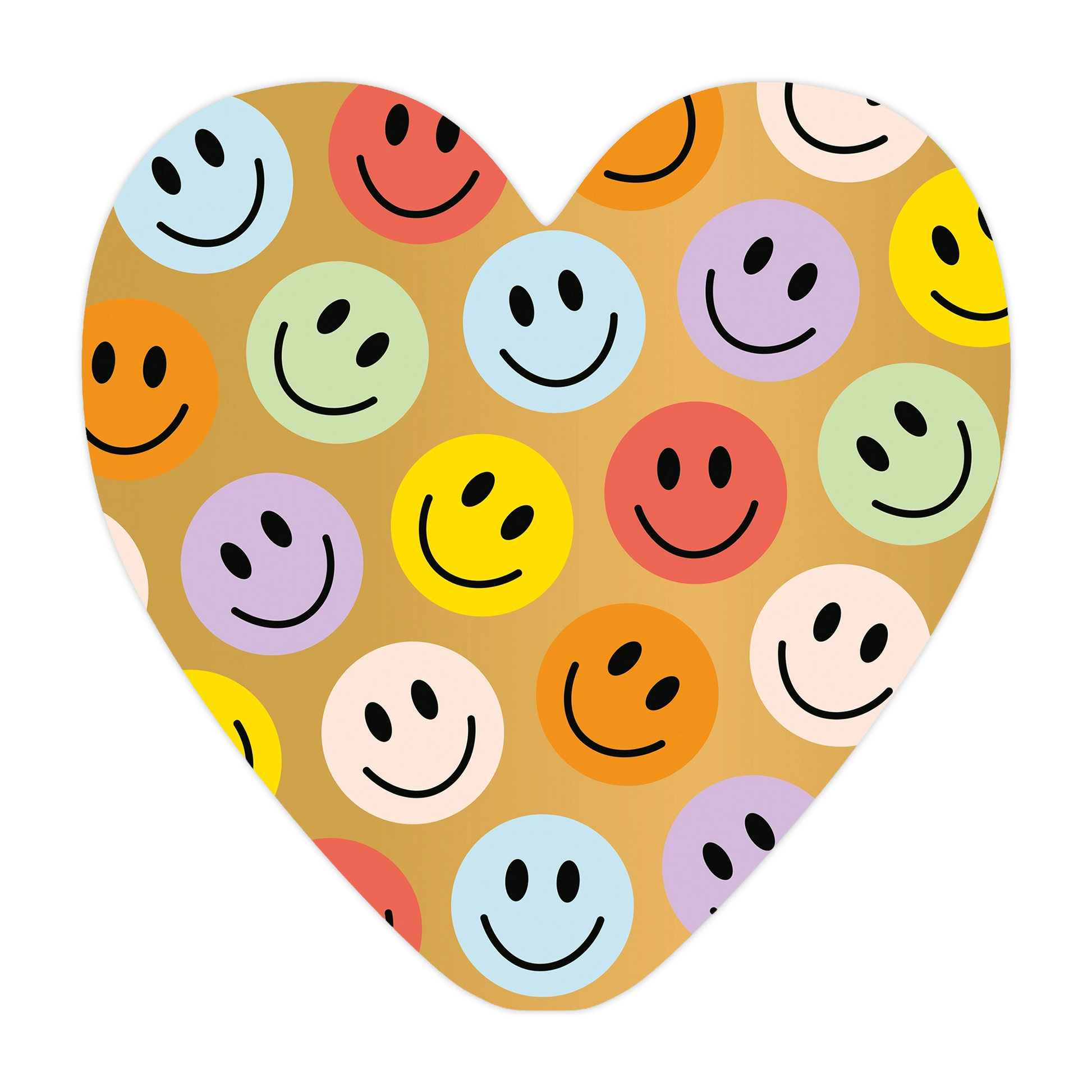 Smileys - Formaat: Groot - Vorm: Hart - Blanco kaart - Op deze harten wenskaart is een beige achtergrond te zien met een herhalend patroon van gekleurde smileygezichten. De smileys zijn uitgevoerd in diverse pastelkleuren, waaronder roze, blauw, oranje, geel, groen en paars. Het ontwerp straalt een vrolijke en speelse sfeer uit door de gelijkmatige verdeling van de lachende gezichtjes over het gehele oppervlak. - Snelwenskaart