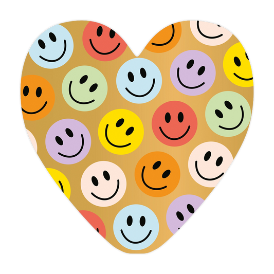 Smileys - Formaat: Groot - Vorm: Hart - Blanco kaart - Op deze harten wenskaart is een beige achtergrond te zien met een herhalend patroon van gekleurde smileygezichten. De smileys zijn uitgevoerd in diverse pastelkleuren, waaronder roze, blauw, oranje, geel, groen en paars. Het ontwerp straalt een vrolijke en speelse sfeer uit door de gelijkmatige verdeling van de lachende gezichtjes over het gehele oppervlak. - Snelwenskaart