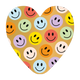 Smileys - Formaat: Groot - Vorm: Hart - Blanco kaart - Op deze harten wenskaart is een beige achtergrond te zien met een herhalend patroon van gekleurde smileygezichten. De smileys zijn uitgevoerd in diverse pastelkleuren, waaronder roze, blauw, oranje, geel, groen en paars. Het ontwerp straalt een vrolijke en speelse sfeer uit door de gelijkmatige verdeling van de lachende gezichtjes over het gehele oppervlak. - Snelwenskaart