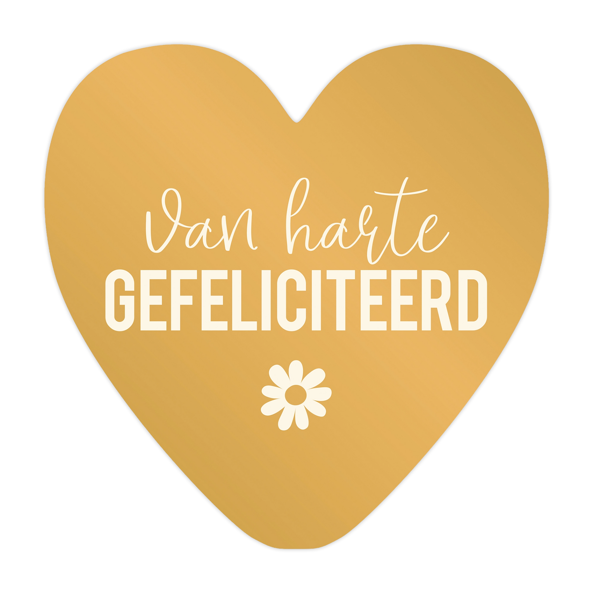 Van harte gefeliciteerd - Formaat: Groot - Vorm: Hart - Felicitatiekaart - Op deze harten wenskaart is een effen, goudkleurige achtergrond te zien met in het midden de tekst "Van harte GEFELICITEERD" in een combinatie van sierlijke en strakke witte letters. Onderaan de tekst bevindt zich een klein, wit icoon van een bloemetje. Het ontwerp is eenvoudig en rustig gehouden met een krachtig contrast tussen de warme goudkleur en de witte typografie. - Snelwenskaart