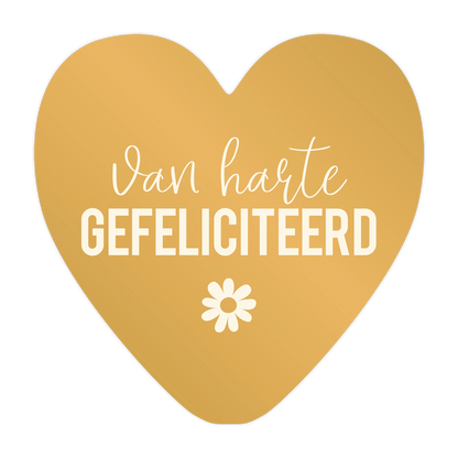 Van harte gefeliciteerd - Formaat: Groot - Vorm: Hart - Felicitatiekaart - Op deze harten wenskaart is een effen, goudkleurige achtergrond te zien met in het midden de tekst "Van harte GEFELICITEERD" in een combinatie van sierlijke en strakke witte letters. Onderaan de tekst bevindt zich een klein, wit icoon van een bloemetje. Het ontwerp is eenvoudig en rustig gehouden met een krachtig contrast tussen de warme goudkleur en de witte typografie. - Snelwenskaart