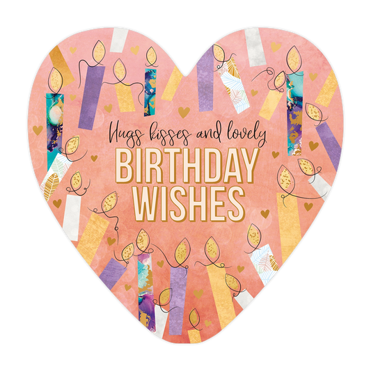Hugs kisses and lovely birthday wishes - Formaat: Groot - Vorm: Hart - Verjaardagskaart - Op deze harten wenskaart is een roze achtergrond te zien die is versierd met een patroon van kleurrijke kaarsjes en kleine hartjes. Centraal op de kaart staat de tekst "Hugs kisses and lovely BIRTHDAY WISHES" in een combinatie van een sierlijk handschrift en een robuust, strak lettertype. De kaarsjes variëren in kleur en textuur, wat zorgt voor een levendig en feestelijk effect. Het geheel heeft een vrolijke uitstrali