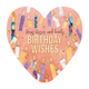 Hugs kisses and lovely birthday wishes - Formaat: Groot - Vorm: Hart - Verjaardagskaart - Op deze harten wenskaart is een roze achtergrond te zien die is versierd met een patroon van kleurrijke kaarsjes en kleine hartjes. Centraal op de kaart staat de tekst "Hugs kisses and lovely BIRTHDAY WISHES" in een combinatie van een sierlijk handschrift en een robuust, strak lettertype. De kaarsjes variëren in kleur en textuur, wat zorgt voor een levendig en feestelijk effect. Het geheel heeft een vrolijke uitstrali