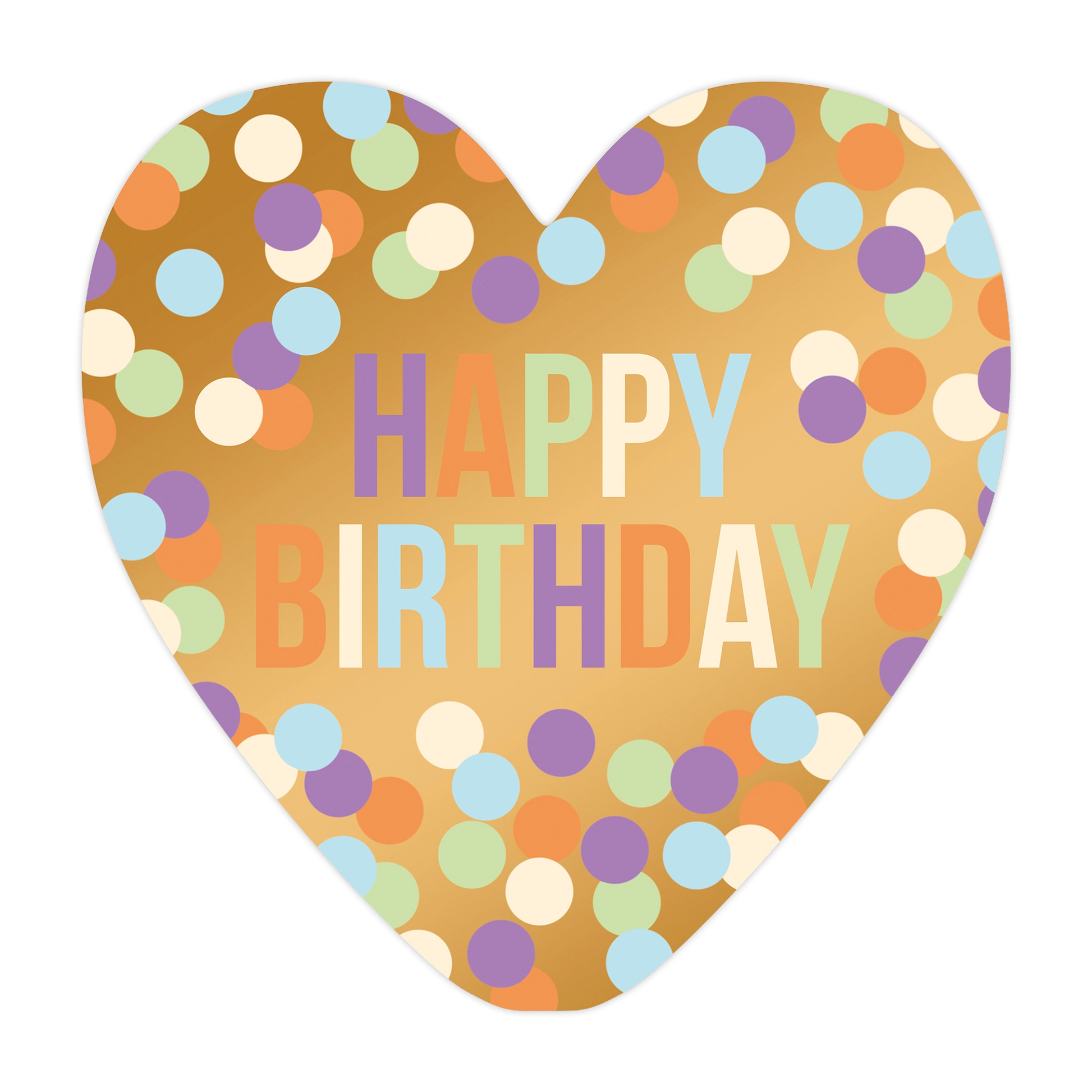 Happy birthday - Formaat: Groot - Vorm: Hart - Verjaardagskaart - Op deze harten wenskaart is een goudkleurige achtergrond te zien die is bedekt met een patroon van kleurrijke confetti in tinten van oranje, paars, blauw, groen en wit. Centraal staat de tekst "HAPPY BIRTHDAY" in grote, blokvormige letters waarbij elke letter een eigen pastelkleur heeft die overeenkomt met de confetti. Het ontwerp heeft een feestelijke en uitnodigende uitstraling door het kleurrijke contrast op de metallic achtergrond. - Sne
