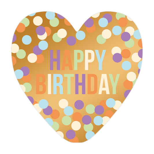 Happy birthday - Formaat: Groot - Vorm: Hart - Verjaardagskaart - Op deze harten wenskaart is een goudkleurige achtergrond te zien die is bedekt met een patroon van kleurrijke confetti in tinten van oranje, paars, blauw, groen en wit. Centraal staat de tekst "HAPPY BIRTHDAY" in grote, blokvormige letters waarbij elke letter een eigen pastelkleur heeft die overeenkomt met de confetti. Het ontwerp heeft een feestelijke en uitnodigende uitstraling door het kleurrijke contrast op de metallic achtergrond. - Sne