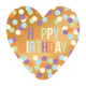 Happy birthday - Formaat: Groot - Vorm: Hart - Verjaardagskaart - Op deze harten wenskaart is een goudkleurige achtergrond te zien die is bedekt met een patroon van kleurrijke confetti in tinten van oranje, paars, blauw, groen en wit. Centraal staat de tekst "HAPPY BIRTHDAY" in grote, blokvormige letters waarbij elke letter een eigen pastelkleur heeft die overeenkomt met de confetti. Het ontwerp heeft een feestelijke en uitnodigende uitstraling door het kleurrijke contrast op de metallic achtergrond. - Sne