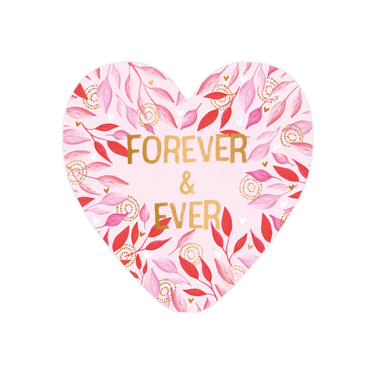 Forever & ever - Formaat: Standaard - Vorm: Hart - Huwelijkskaart - Op deze harten wenskaart staat de tekst: "Forever & ever" in gouden tekst. Om de tekst heen staan rode, gouden en roze blaadjes op een lichtroze achtergrond. - Snelwenskaart