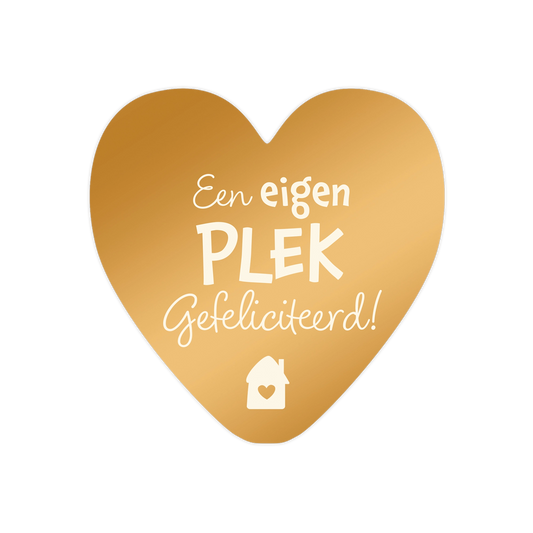 Een eigen plek gefeliciteerd - Formaat: Standaard - Vorm: Hart - Woningkaart - Op deze harten wenskaart staat de tekst: "Een eigen plek gefeliciteerd!" in witte letters op een gouden achtergrond. Onder de tekst staat een wit huisje met daarin een hartje. - Snelwenskaart