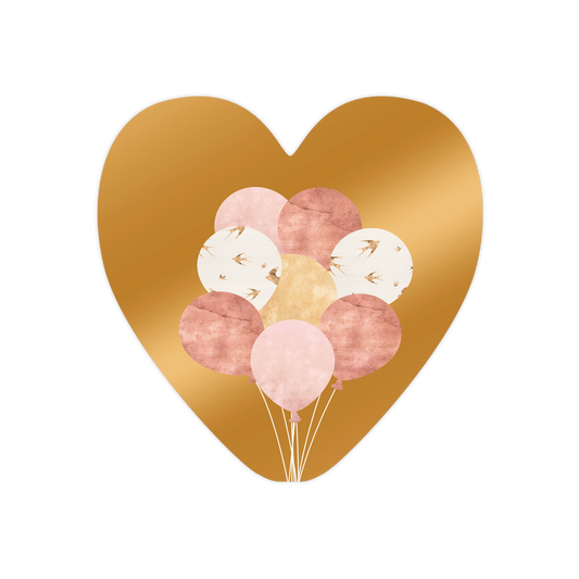 Ballonnen - Formaat: Standaard - Vorm: Hart - Blanco kaart - Op deze harten wenskaart is een centrale groep van zeven ballonnen geplaatst op een effen, glanzend goudkleurige achtergrond. De ballonnen hebben verschillende texturen en kleuren, waaronder effen matroze, glanzend roségoud en witte ballonnen met een patroon van gouden vogels. Ze zijn samengebonden met fijne, witte touwtjes die naar beneden lopen. - Snelwenskaart