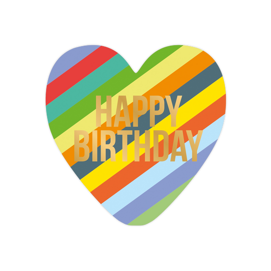 Happy birthday - Formaat: Standaard - Vorm: Hart - Verjaardagskaart - Op deze harten wenskaart is een patroon van diagonaal lopende strepen in diverse heldere kleuren te zien. Centraal op de kaart staat de tekst "HAPPY BIRTHDAY" in twee regels gedrukt. De tekst is uitgevoerd in een goudkleurig lettertype dat duidelijk afsteekt tegen de gekleurde achtergrond. Het gehele ontwerp heeft een speelse en kleurrijke uitstraling. - Snelwenskaart