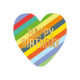 Happy birthday - Formaat: Standaard - Vorm: Hart - Verjaardagskaart - Op deze harten wenskaart is een patroon van diagonaal lopende strepen in diverse heldere kleuren te zien. Centraal op de kaart staat de tekst "HAPPY BIRTHDAY" in twee regels gedrukt. De tekst is uitgevoerd in een goudkleurig lettertype dat duidelijk afsteekt tegen de gekleurde achtergrond. Het gehele ontwerp heeft een speelse en kleurrijke uitstraling. - Snelwenskaart
