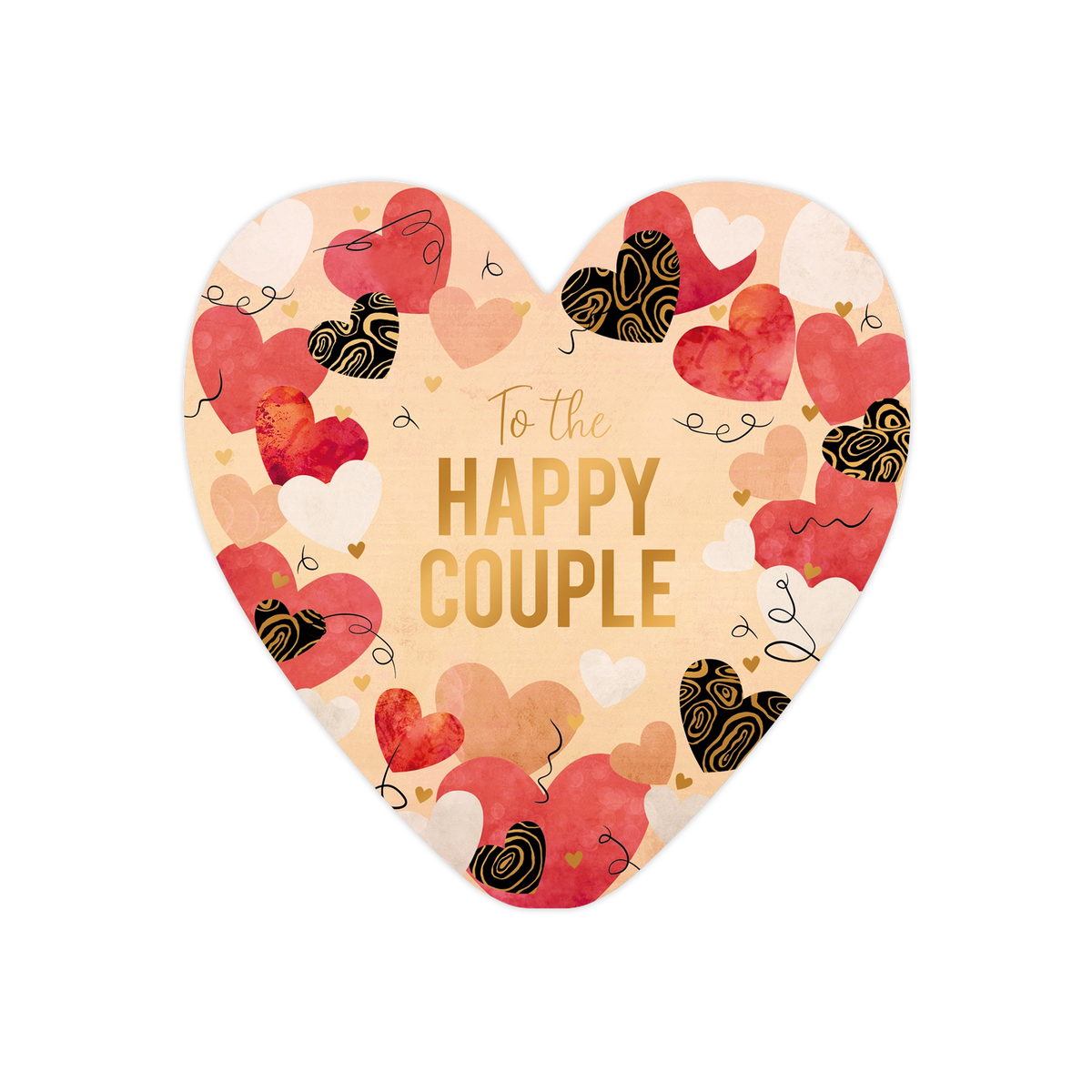 To the happy couple - Formaat: Standaard - Vorm: Hart - Huwelijkskaart - Op deze harten wenskaart is een lichtgekleurde achtergrond te zien die versierd is met een patroon van diverse vormen in roze, rood en zwart met goudkleurige lijnen. Centraal op de kaart staat in goudkleurige letters de tekst "To the HAPPY COUPLE". Verspreid over de kaart bevinden zich abstracte, gekrulde lijnen die een speels accent toevoegen aan het ontwerp. De algehele compositie combineert verschillende texturen en kleuren voor ee