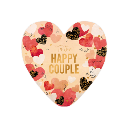 To the happy couple - Formaat: Standaard - Vorm: Hart - Huwelijkskaart - Op deze harten wenskaart is een lichtgekleurde achtergrond te zien die versierd is met een patroon van diverse vormen in roze, rood en zwart met goudkleurige lijnen. Centraal op de kaart staat in goudkleurige letters de tekst "To the HAPPY COUPLE". Verspreid over de kaart bevinden zich abstracte, gekrulde lijnen die een speels accent toevoegen aan het ontwerp. De algehele compositie combineert verschillende texturen en kleuren voor ee
