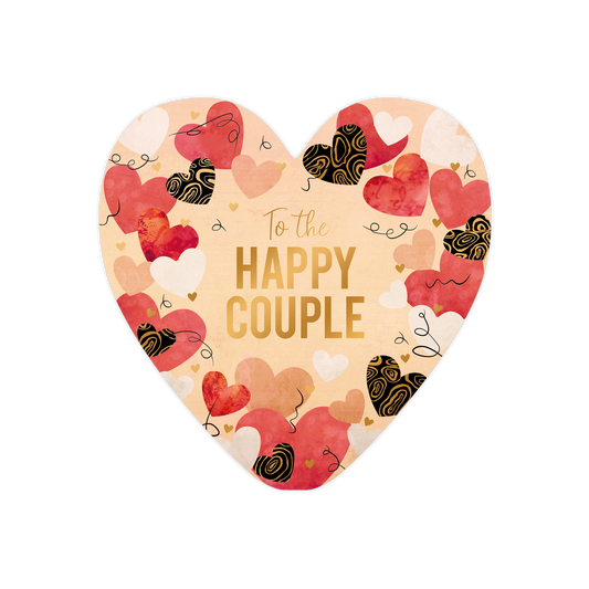 To the happy couple - Formaat: Standaard - Vorm: Hart - Huwelijkskaart - Op deze harten wenskaart is een lichtgekleurde achtergrond te zien die versierd is met een patroon van diverse vormen in roze, rood en zwart met goudkleurige lijnen. Centraal op de kaart staat in goudkleurige letters de tekst "To the HAPPY COUPLE". Verspreid over de kaart bevinden zich abstracte, gekrulde lijnen die een speels accent toevoegen aan het ontwerp. De algehele compositie combineert verschillende texturen en kleuren voor ee
