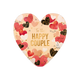 To the happy couple - Formaat: Standaard - Vorm: Hart - Huwelijkskaart - Op deze harten wenskaart is een lichtgekleurde achtergrond te zien die versierd is met een patroon van diverse vormen in roze, rood en zwart met goudkleurige lijnen. Centraal op de kaart staat in goudkleurige letters de tekst "To the HAPPY COUPLE". Verspreid over de kaart bevinden zich abstracte, gekrulde lijnen die een speels accent toevoegen aan het ontwerp. De algehele compositie combineert verschillende texturen en kleuren voor ee