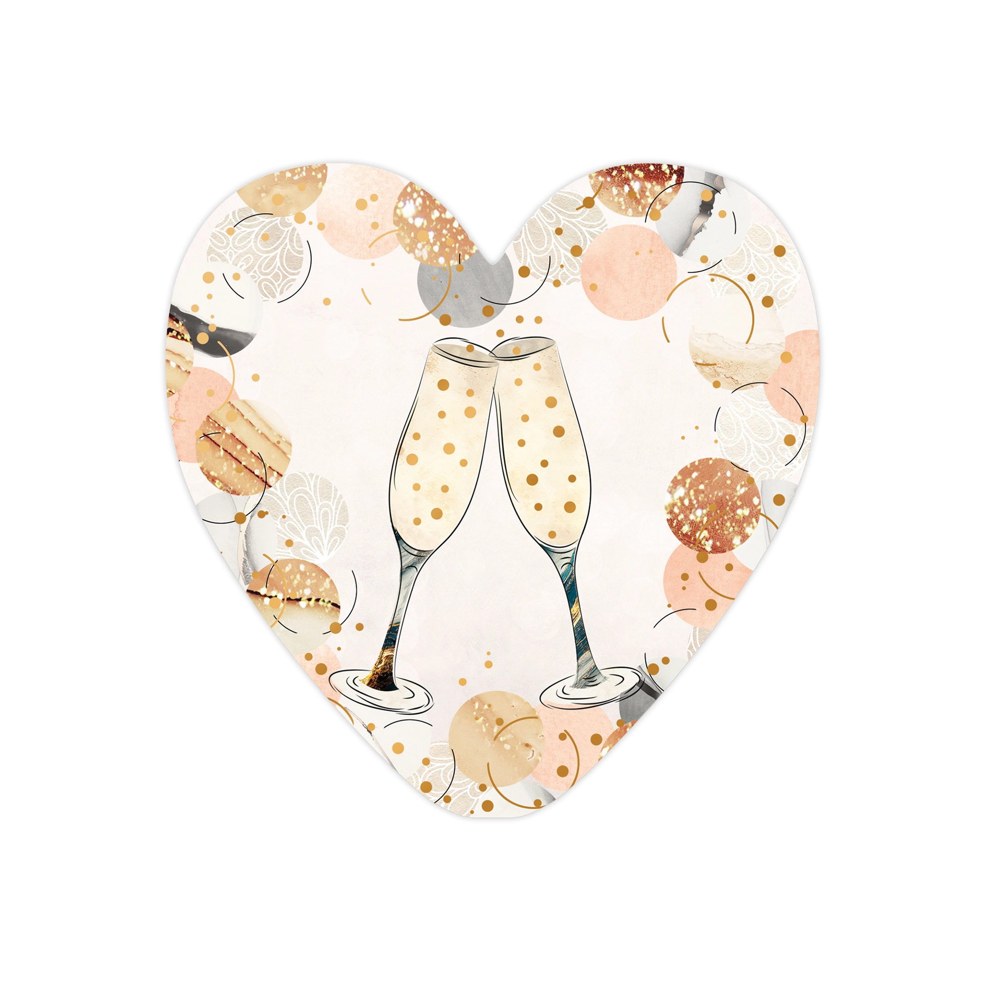 Champagne - Formaat: Standaard - Vorm: Hart - Blanco kaart - Op deze harten wenskaart is een feestelijk ontwerp te zien met twee champagneglazen die elkaar raken in een toost. De achtergrond is licht en versierd met abstracte cirkels in tinten van perzik, goud en zachtgrijs, gecombineerd met glinsterende gouden spikkels. Het ontwerp heeft een zachte, watercolor-achtige uitstraling en de glazen zelf bevatten subtiele gouden accenten. De algehele compositie is sfeervol en elegant, passend bij een feestelijke