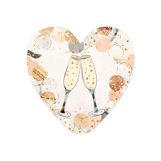 Champagne - Formaat: Standaard - Vorm: Hart - Blanco kaart - Op deze harten wenskaart is een feestelijk ontwerp te zien met twee champagneglazen die elkaar raken in een toost. De achtergrond is licht en versierd met abstracte cirkels in tinten van perzik, goud en zachtgrijs, gecombineerd met glinsterende gouden spikkels. Het ontwerp heeft een zachte, watercolor-achtige uitstraling en de glazen zelf bevatten subtiele gouden accenten. De algehele compositie is sfeervol en elegant, passend bij een feestelijke