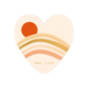 Veel liefs - Formaat: Standaard - Vorm: Hart - Bedankkaart - Op deze harten wenskaart is een minimalistisch ontwerp te zien met een beige achtergrond en een gestileerde zonsopgang. Een helderoranje cirkel bevindt zich linksboven, terwijl daaronder golvende lijnen in zachte tinten als okergeel, beige en roze het landschap vormen. Onderaan staat in een eenvoudig, klein lettertype de tekst "veel liefs". Het geheel straalt rust en eenvoud uit door het beperkte kleurgebruik en de strakke lijnen. - Snelwenskaart